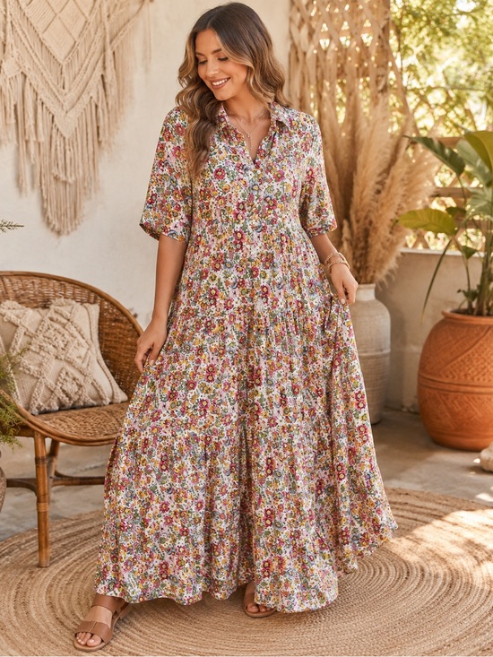 NATURAL LIFE Dresses & Skirts - NATURAL LIFE Floral Tiered Maxi Dress in White and Pink